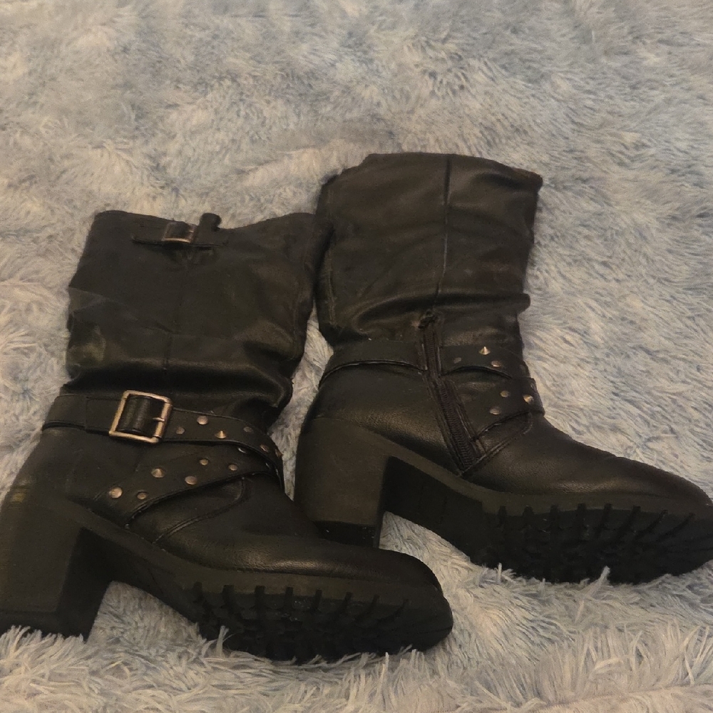 Black Heeled Biker Boots with Studded Straps. Wide Calf. Mid Calf Height.
